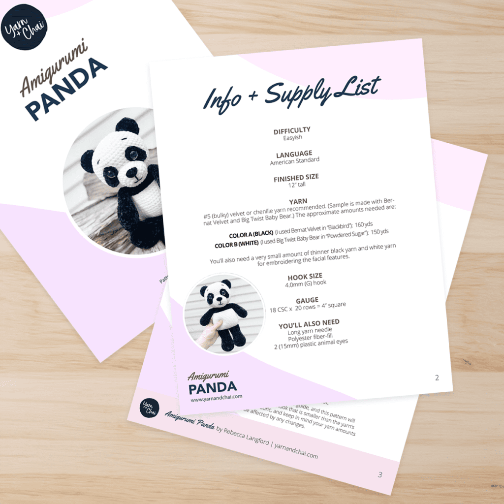 Image shows a printout of the Amigurumi Panda pattern PDF.